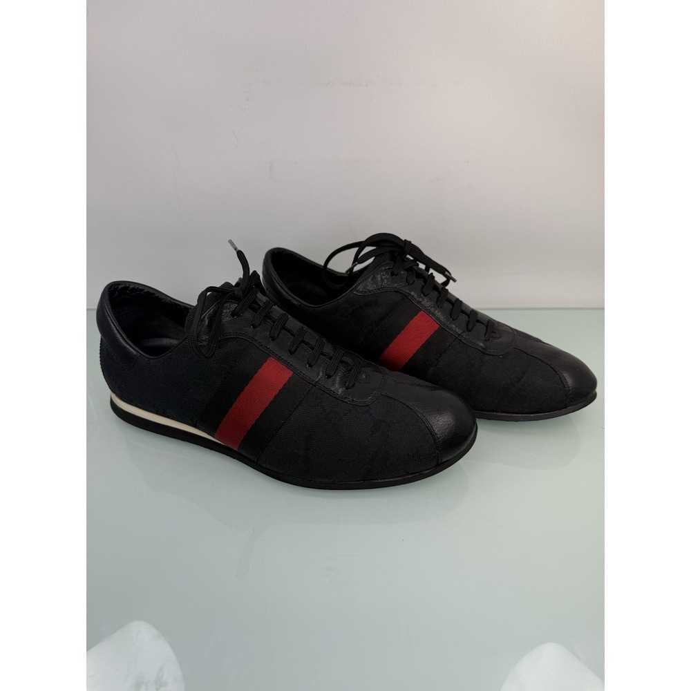 Gucci GG Canvas Low Top Sneakers Black Red Web Stripe Mens 8.5 D Leather Trim - Picture 8 of 9